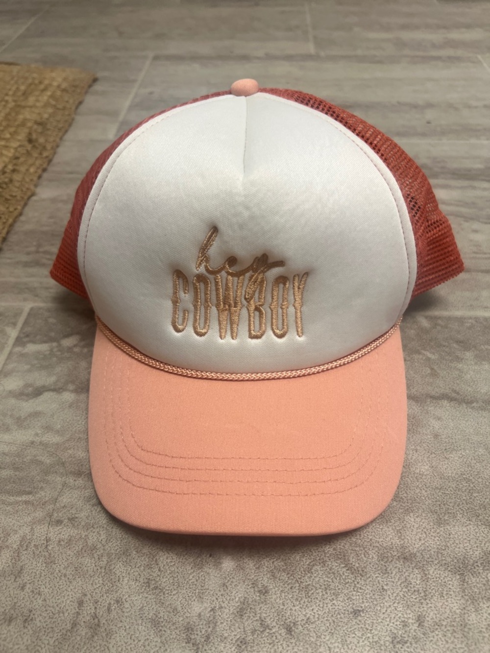 Hey Cowboy Embroidered Mesh Trucker Hat - Peach & White